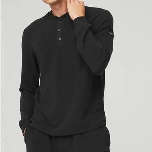 Alo Yoga Black Long Sleeve Waffle Knit Thermal Henley Button Shirt Men's Size L